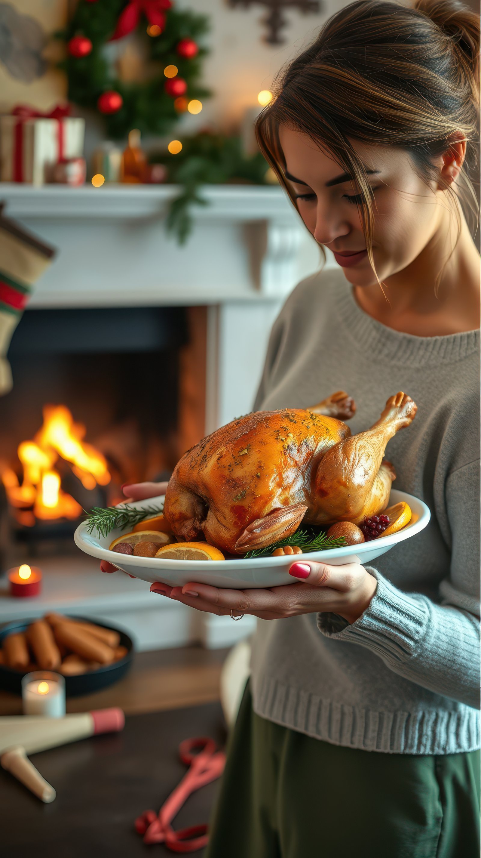 A woman holds a roasted turkey in front of a fireplace during Christmas dinner